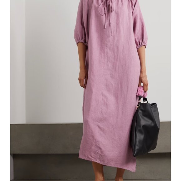 Deiji Studios The Blousy gathered washed-linen Midi Dress | NWT | M/L | Pink - Picture 2 of 6